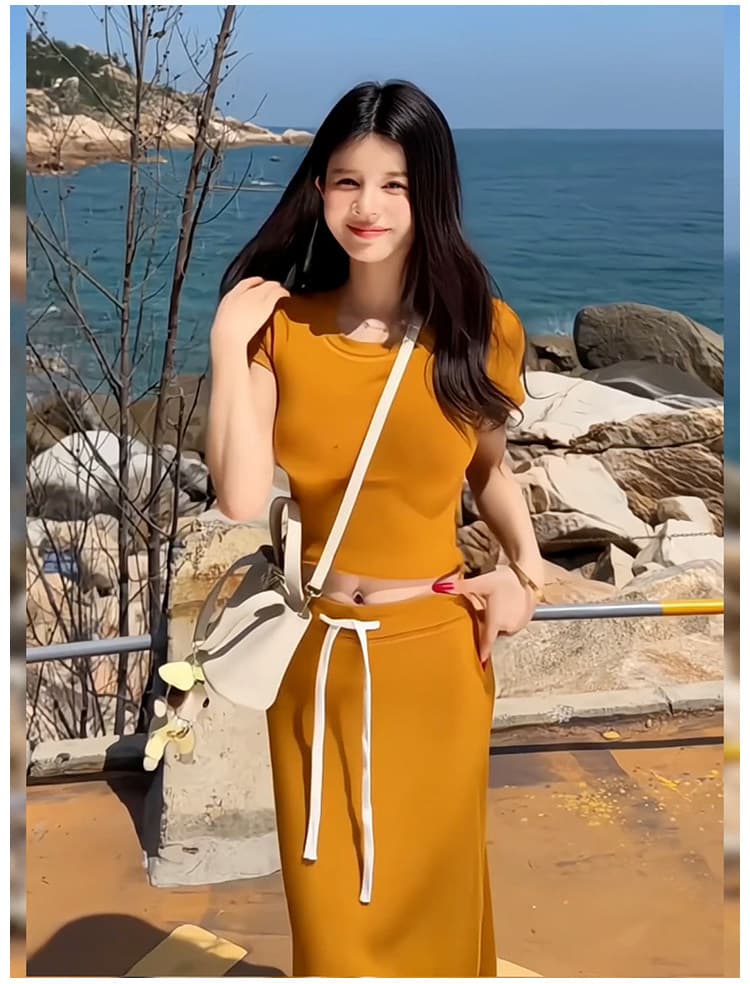 쇼트 스타일 핫걸 바람 디자인 센스 몸매 가꾸기 맨위 펌프 로프 타이트 스커트 반신 스커트 두 조각 여성 세트 26 년 여름 세트 이미지 5
