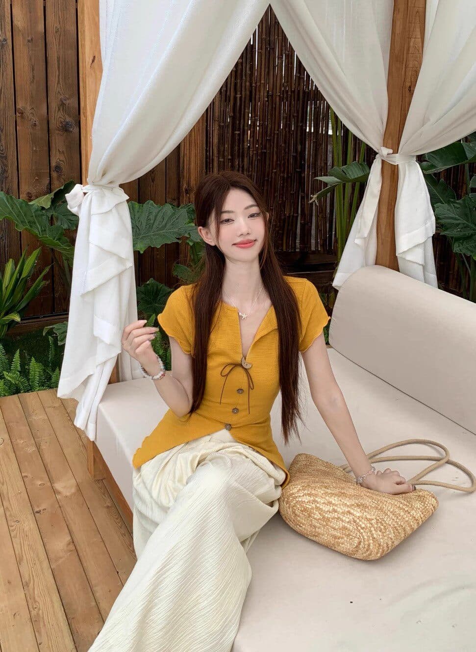 도파민 달콤한 스타일 세트 황색 트임 반팔 티셔츠 여성 여름 살구 색상 캐주얼 와이드 레그 팬츠 투피스 세트