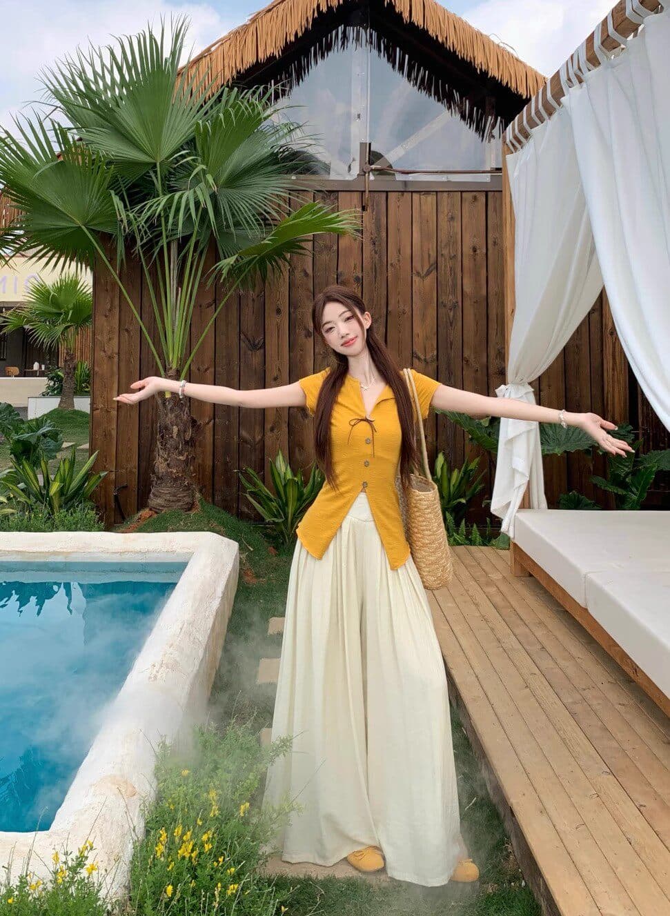 도파민 달콤한 스타일 세트 황색 트임 반팔 티셔츠 여성 여름 살구 색상 캐주얼 와이드 레그 팬츠 투피스 세트 상세 이미지 1