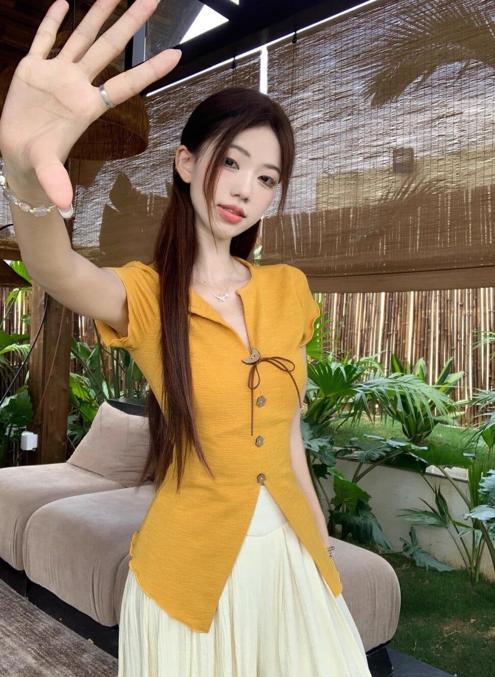 도파민 달콤한 스타일 세트 황색 트임 반팔 티셔츠 여성 여름 살구 색상 캐주얼 와이드 레그 팬츠 투피스 세트 상세 이미지 2