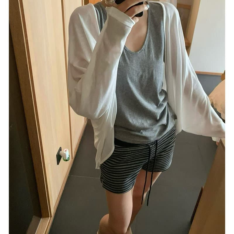 느슨함 센스 미니멀리즘 조끼 스택 착용 긴팔 오픈 가디건 반바지 3종 세트 여름 새로운 여성 한 부서 캐주얼 바람 세트 상세 이미지 5