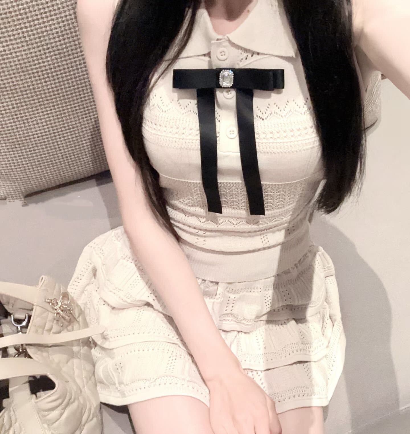부서 나비 매듭 폴로 칼라 홀로우 아웃 니트 조끼 여성 하이웨이스트 퍼프 스커트 반신 스커트 투피스 슈트 여성 트렌디 이미지 4