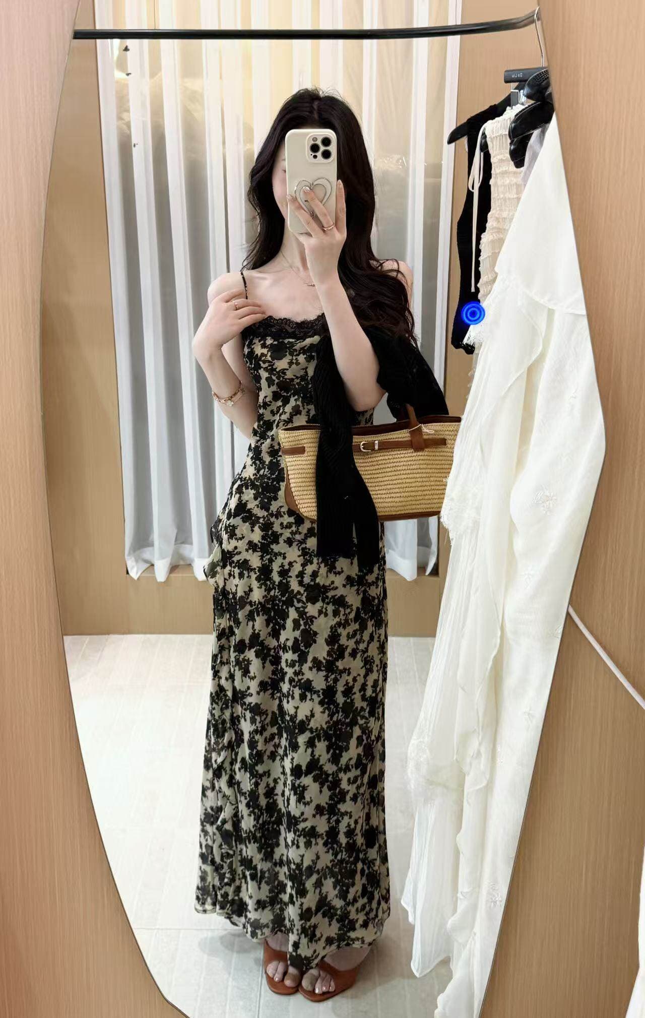 여름 새로운 슈퍼 화재 연령 감소 꽃무늬 수묵화 슬립 드레스 여성 뜨개질 오픈 가디건 투피스 세트 휴가 롱 스커트 이미지 2