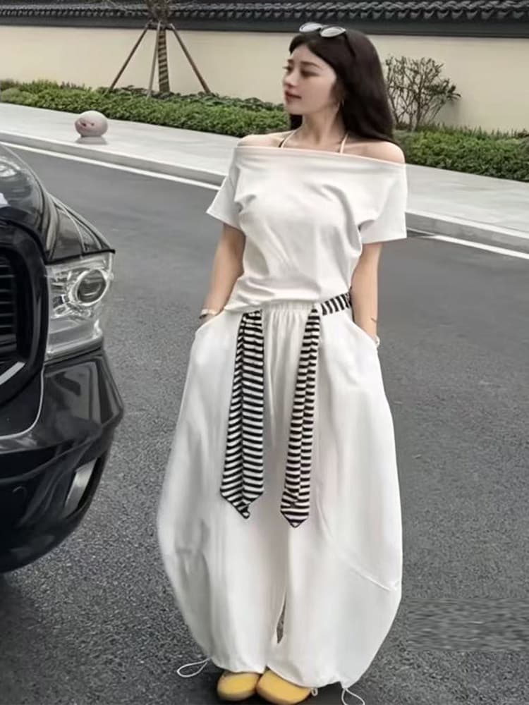 26 여름 새로운 한국 스타일 느긋한 바람 오프숄더 티셔츠 몸매 가꾸기 행침 목 조끼 넓은 다리 모통이 칼 바지 3종 세트 이미지 3