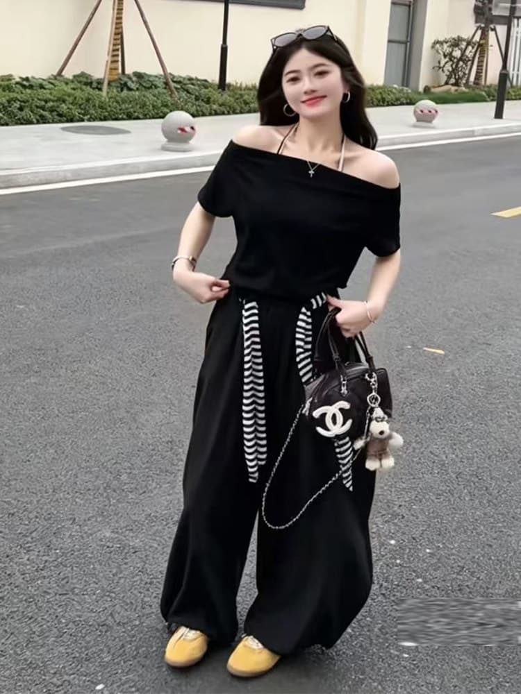 26 여름 새로운 한국 스타일 느긋한 바람 오프숄더 티셔츠 몸매 가꾸기 행침 목 조끼 넓은 다리 모통이 칼 바지 3종 세트 이미지 5