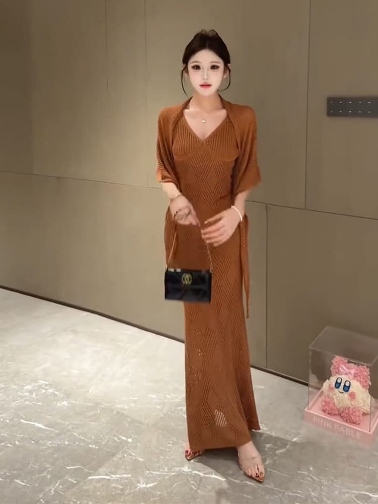 순수한 욕망 바람 홀로우 아웃 니트 오픈 가디건 점프 슈트 치마 세트 여성 여름 고급 센스 몸매 가꾸기 슬림해 보이는 슬립 드레스 투피스 세트 이미지 5