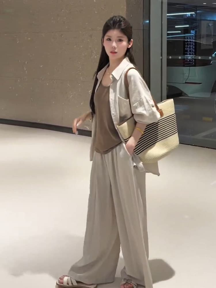 26 여름 새로운 느긋한 바람 자외선 차단 셔츠 캐미솔 넓은 다리 캐주얼 바지 품격 슬림해 보이는 세 조각 세트 상세 이미지 2