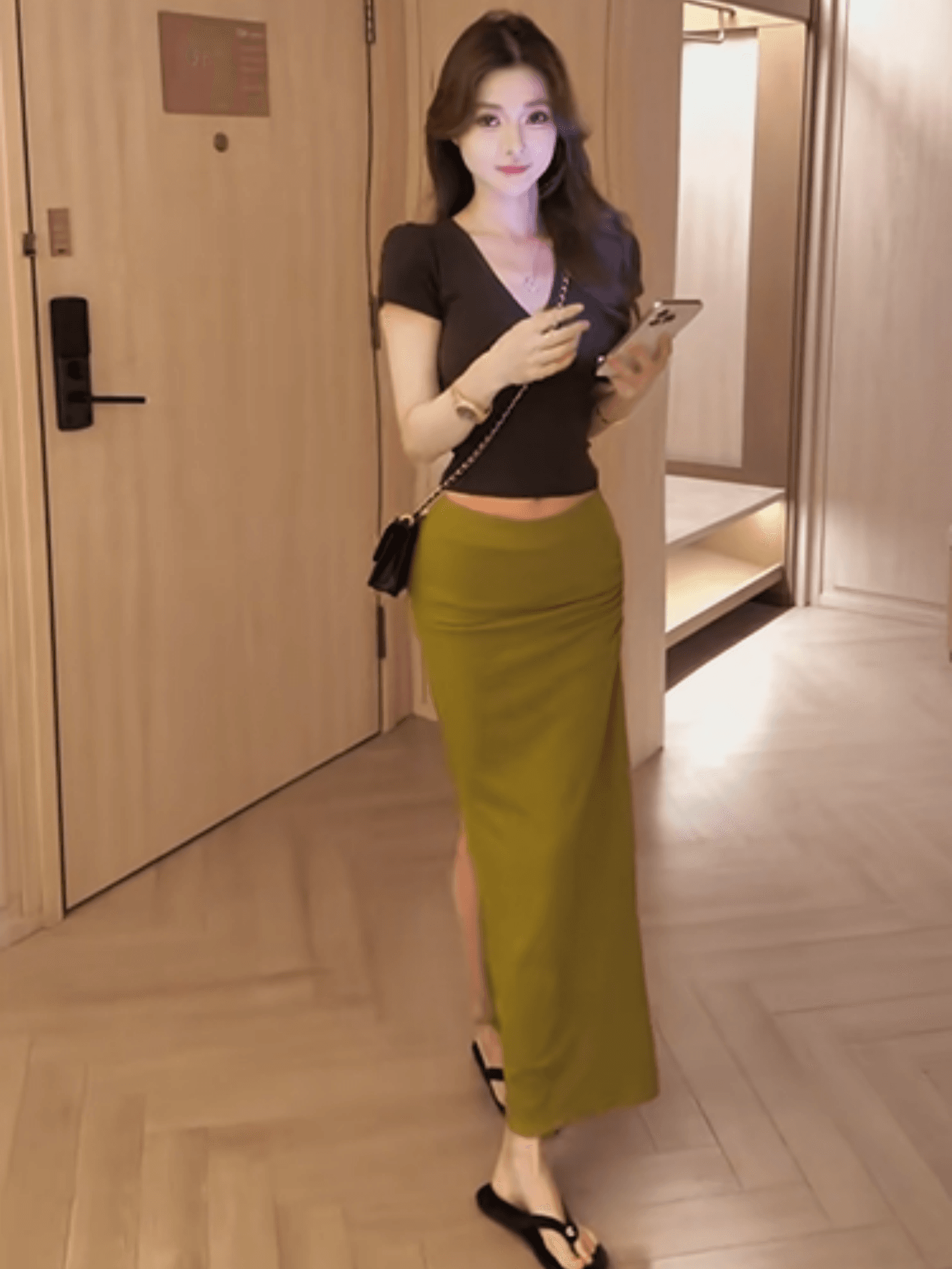한 스타일 섹시함 순수한 욕망 바람 몸매 가꾸기 슬림해 보이는 V넥 반팔 티셔츠 맨위 하이웨이스트 타이트 스커트 트임 반신 스커트 투피스 세트 상세 이미지 7