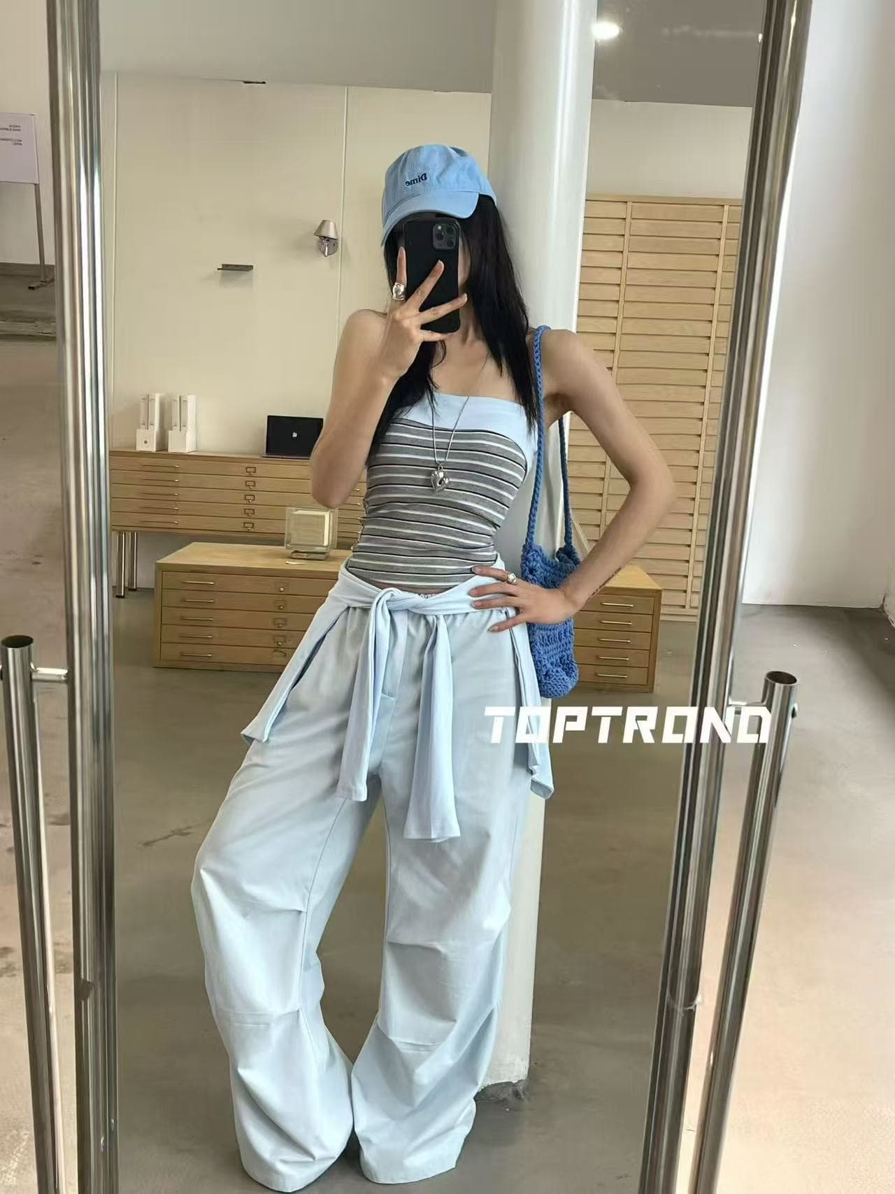 여름 새로운 패션 핫걸 스트라이프 포장 가슴 랩스커트팬츠 허리밴드 워크웨어 캐주얼 바지 세 조각 여성 세트 트렌디 상세 이미지 6
