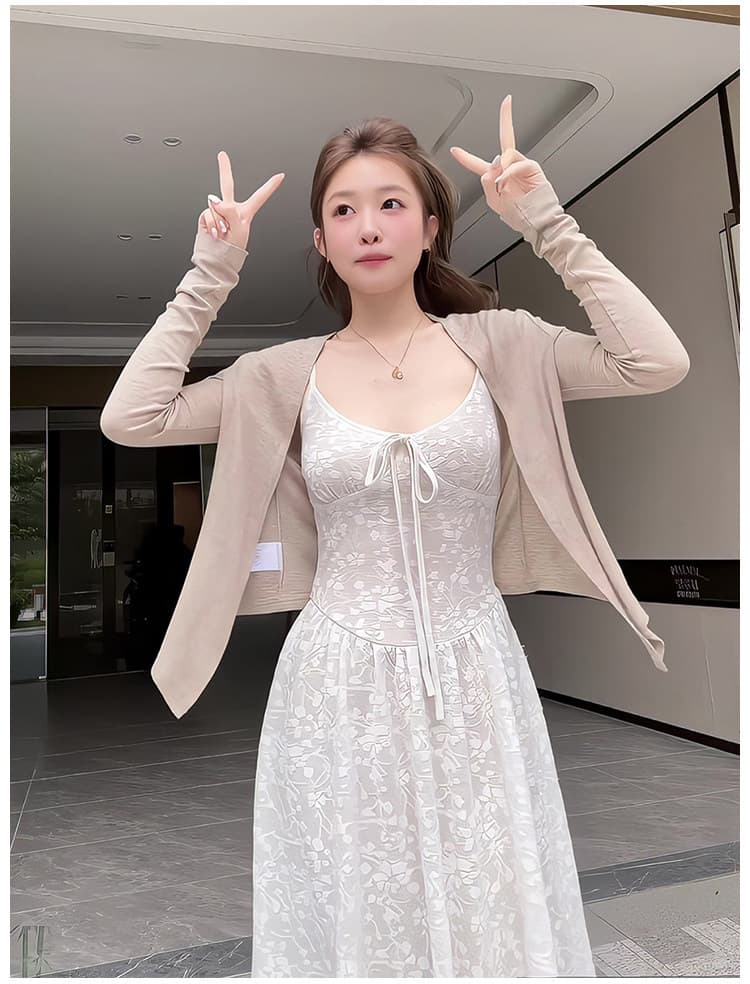 26 봄 여름 새로운 프랑스식 고급 센스 휴가 바람 꼬집기 허리 슬림해 보이는 슬립 드레스 긴팔 오픈 가디건 투피스 세트 상세 이미지 6