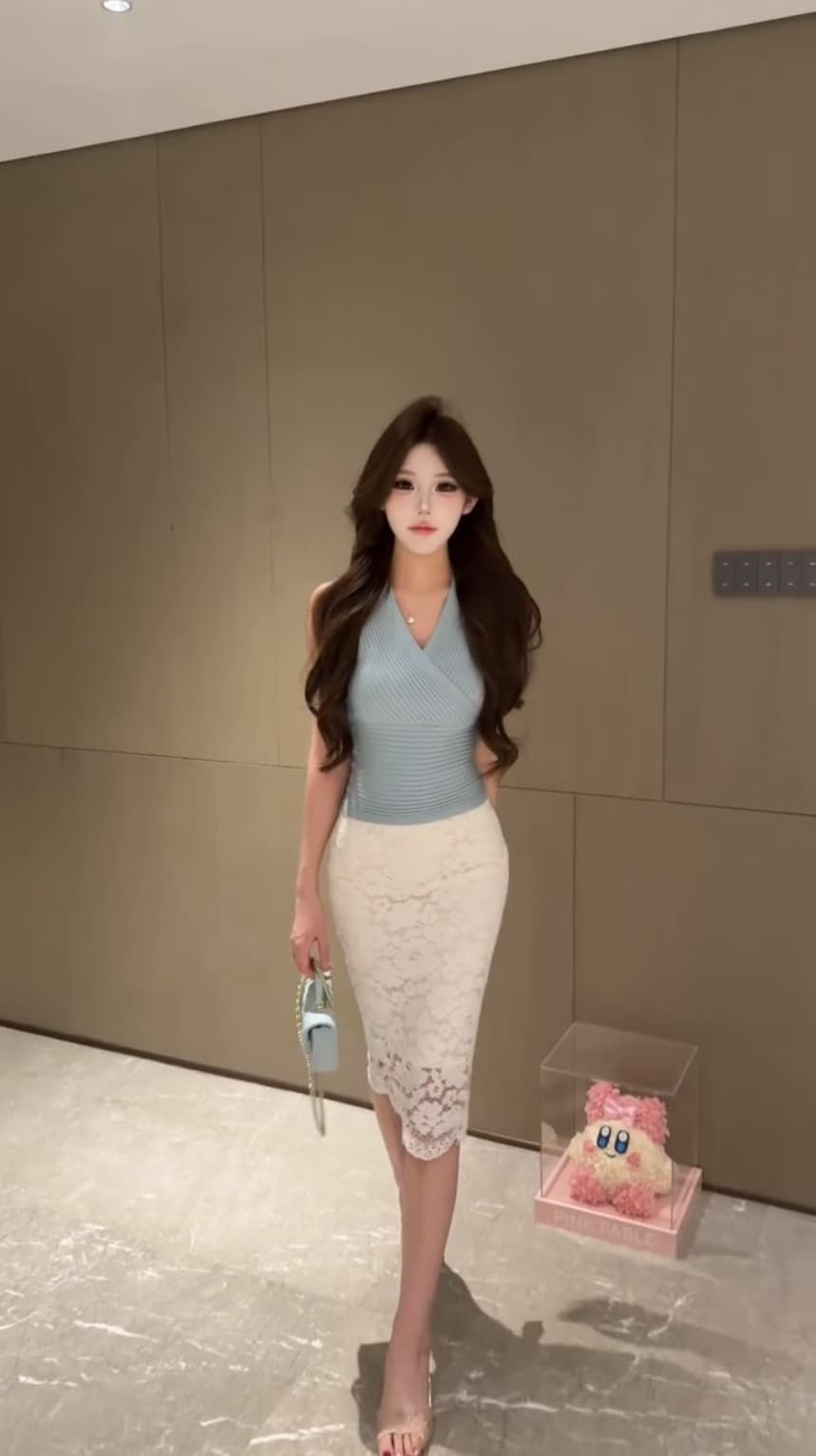 여름 새로운 패션 곡물 깊은 V 넥 니트 스웨터 맨위 여성 민소매 조끼 레이스 타이트 스커트 반 스커트 투피스 세트 상세 이미지 7