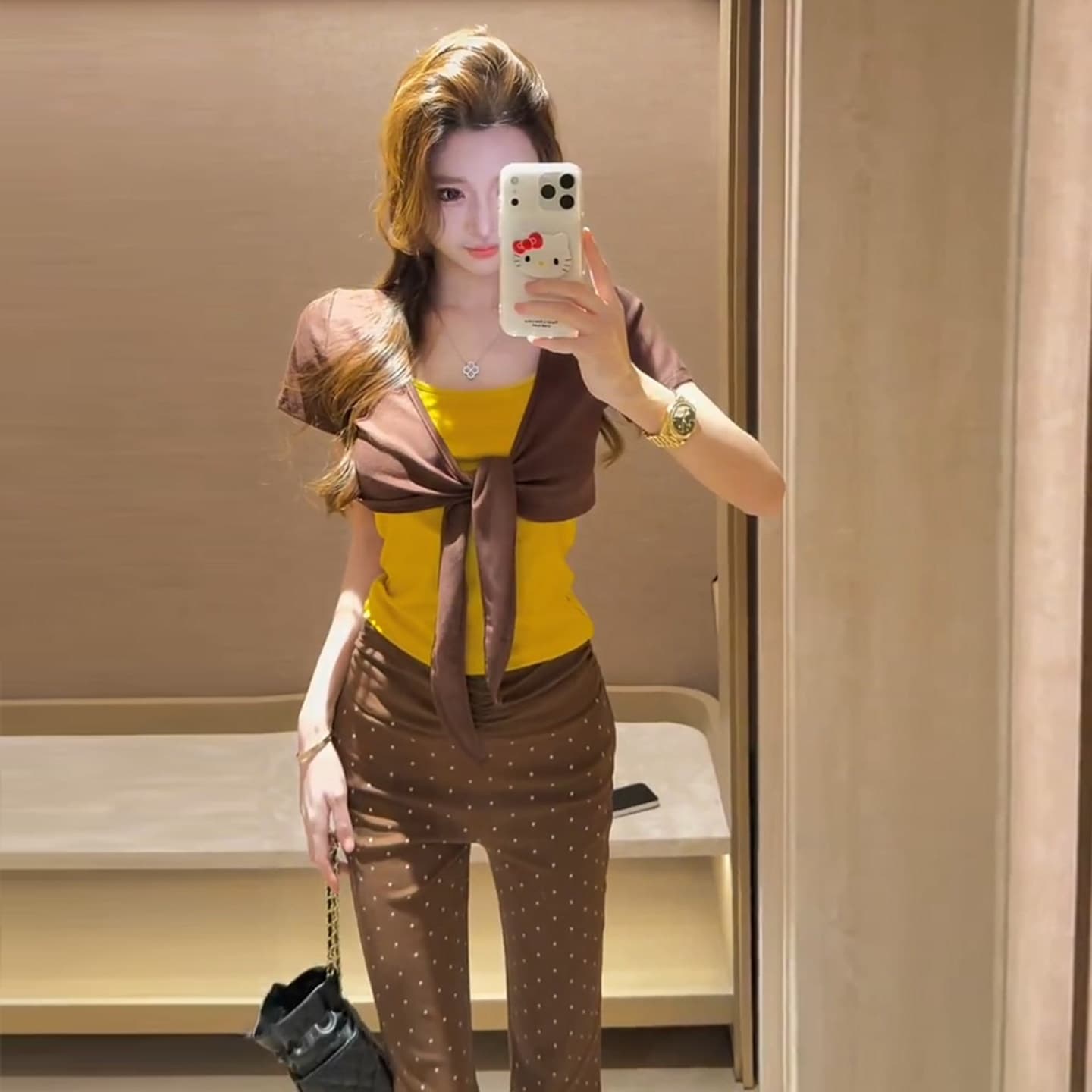 순수한 욕망 바람 핫걸 세트 여성 여름 새로운 디자인 센스 스트랩 오픈 가디건 조끼 도트 무늬 부츠컷 긴 바지 3종 세트 상세 이미지 6