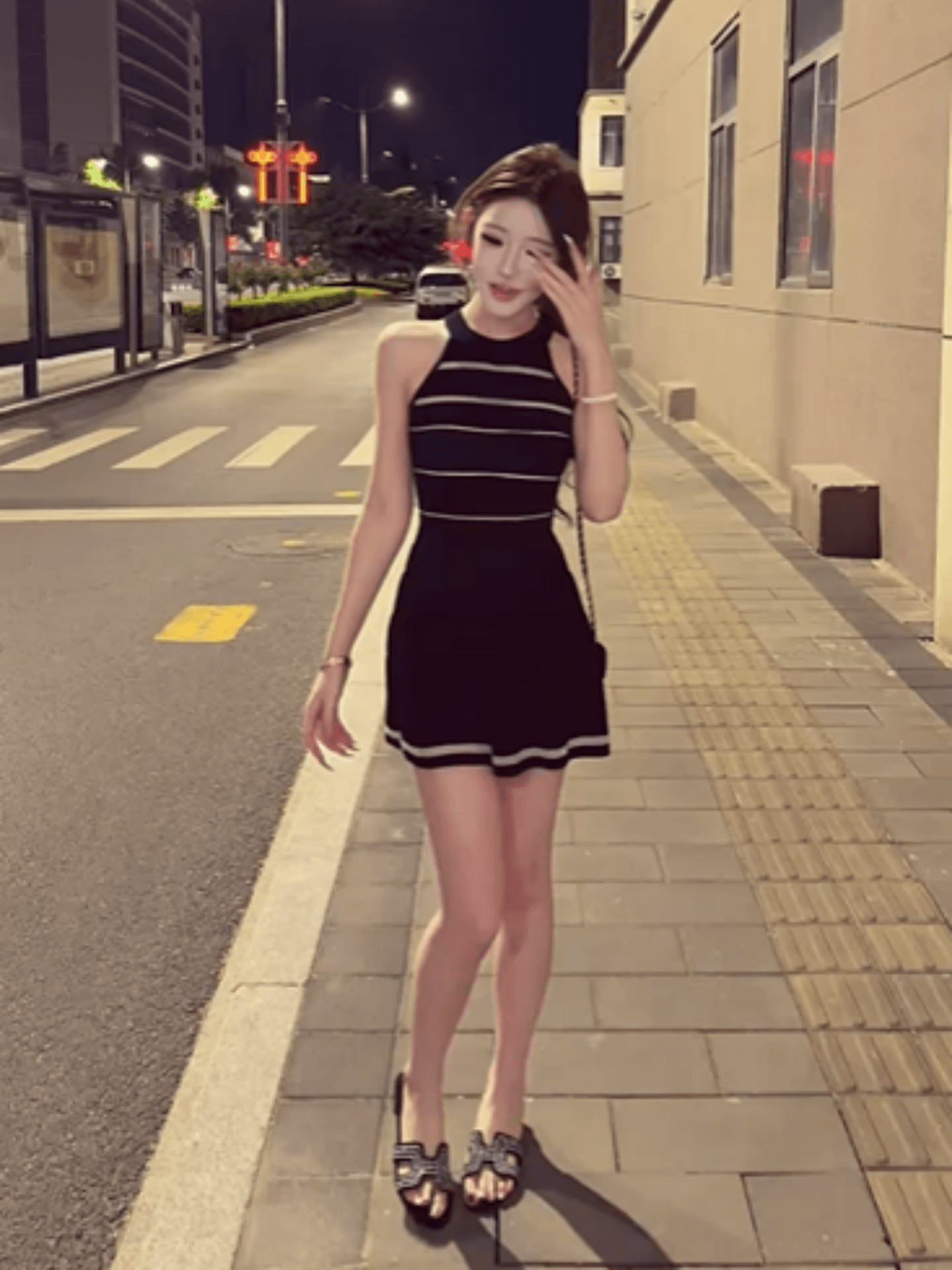 여름 한 스타일 섹시함 순수한 욕망 바람 고급 센스 검정색 스트라이프 허리 수축 슬림해 보이는 민소매 조끼 한 마디 여성 드레스 상세 이미지 6