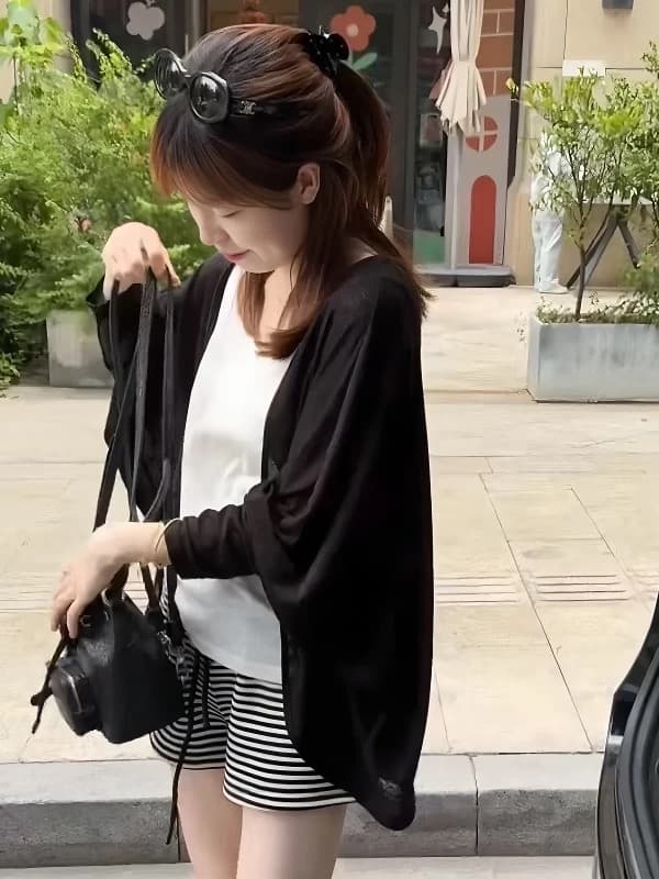 여름 새로운 패션 느긋한 바람 일상 휴가 자외선 차단 숄 조끼 허리밴드 스트라이프 반바지 세트 여성 상세 이미지 1