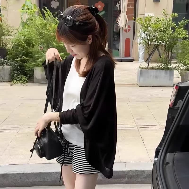 여름 새로운 패션 느긋한 바람 일상 휴가 자외선 차단 숄 조끼 허리밴드 스트라이프 반바지 세트 여성 상세 이미지 6