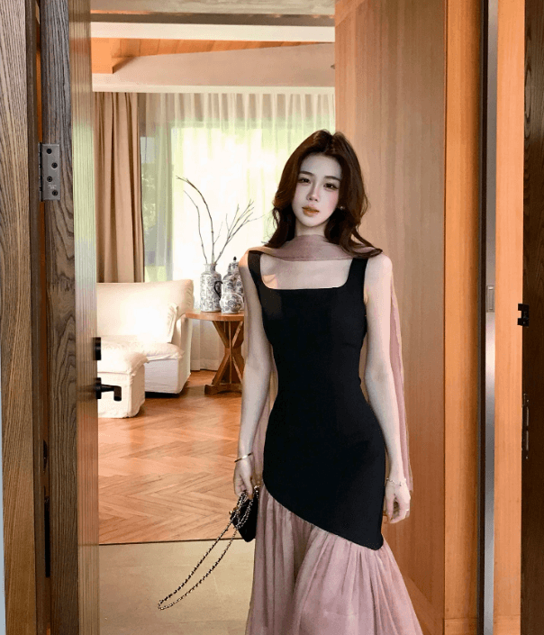 프랑스식 부드러운 바람 민소매 광장 칼라 조끼 스커트 여름 고급 센스 아름다운 품격 페이크 레이어드 패치워크 인어 꼬리 롱 스커트 이미지 3