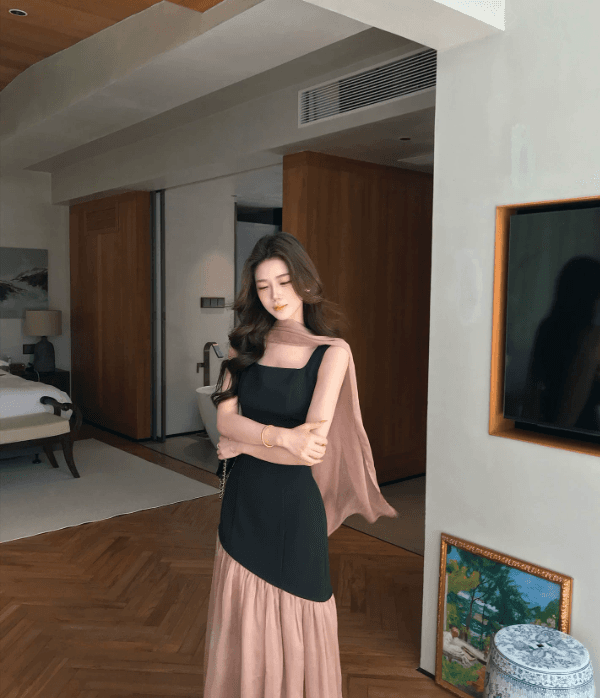프랑스식 부드러운 바람 민소매 광장 칼라 조끼 스커트 여름 고급 센스 아름다운 품격 페이크 레이어드 패치워크 인어 꼬리 롱 스커트 상세 이미지 7