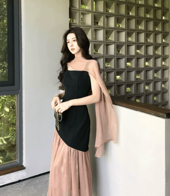 프랑스식 부드러운 바람 민소매 광장 칼라 조끼 스커트 여름 고급 센스 아름다운 품격 페이크 레이어드 패치워크 인어 꼬리 롱 스커트 상세 이미지 9
