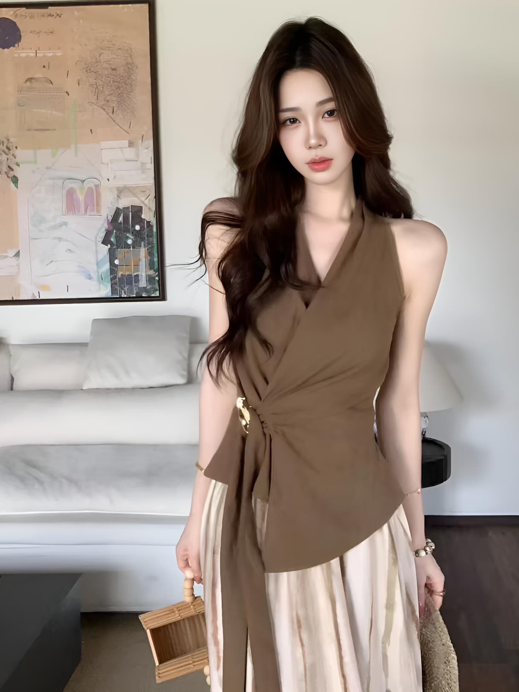 여름 새로운 투피스 세트 프랑스식 빛 요리 한 바람 민소매 행침 목 레이스업 맨위 허리 수축 슬림해 보이는 세로 줄무늬 반신 스커트 상세 이미지 3