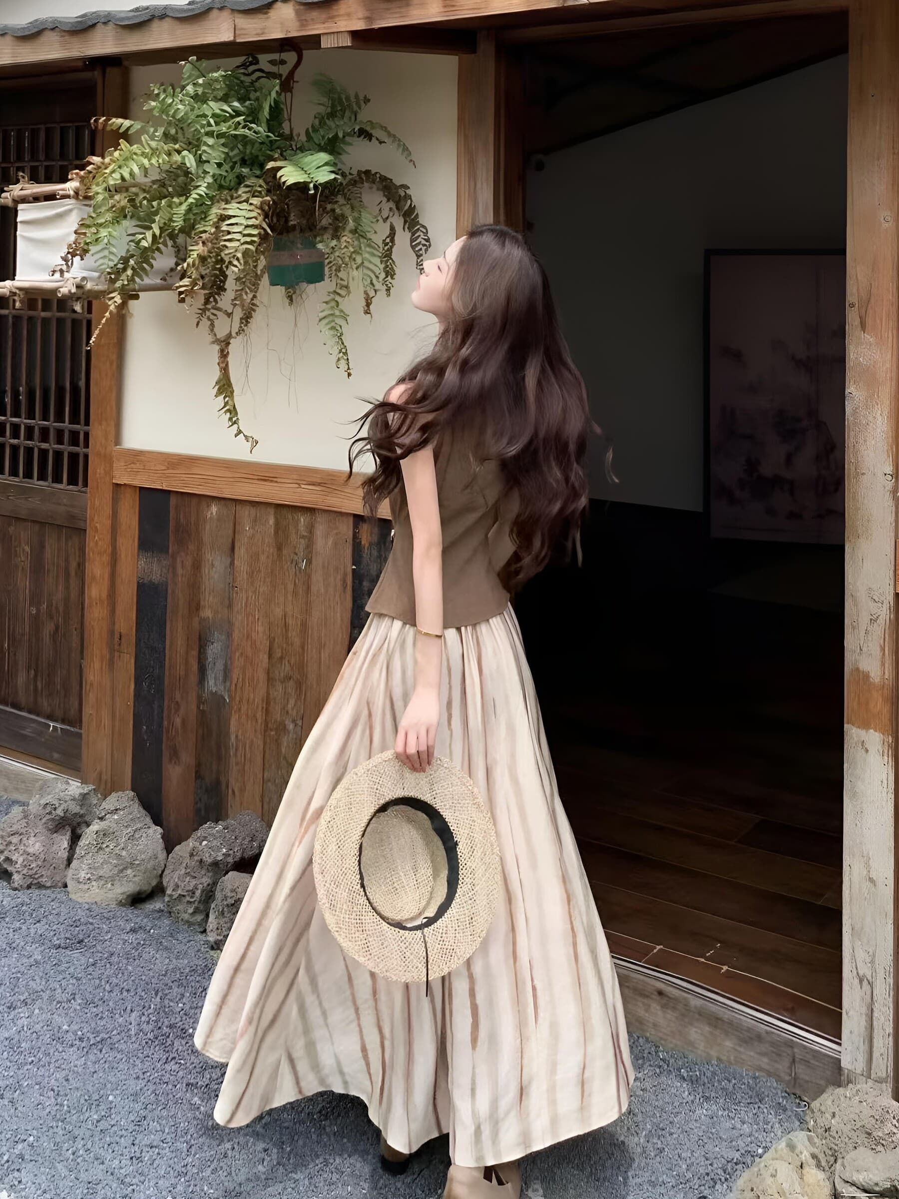 여름 새로운 투피스 세트 프랑스식 빛 요리 한 바람 민소매 행침 목 레이스업 맨위 허리 수축 슬림해 보이는 세로 줄무늬 반신 스커트 상세 이미지 5