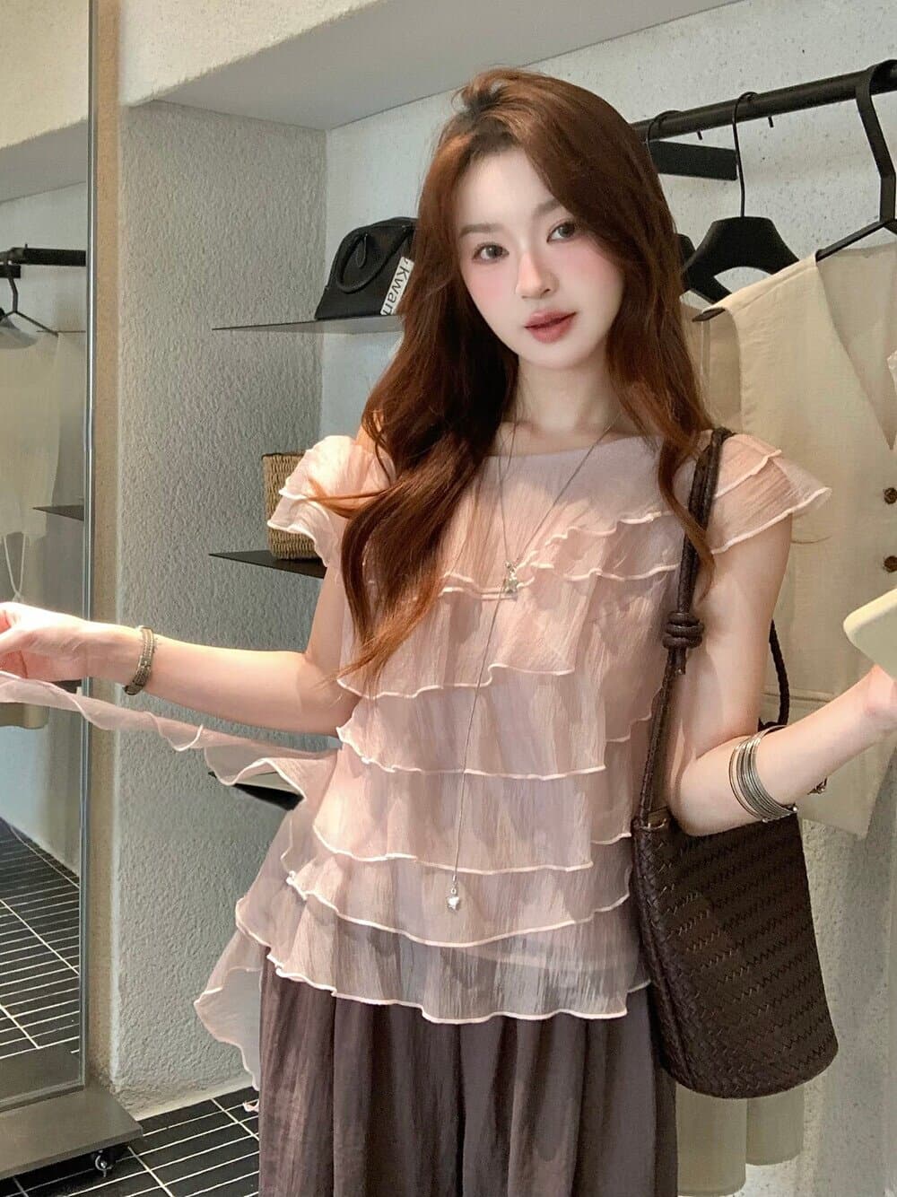 한 부서 프릴 리본 비스듬한 어깨 작은 셔츠 캐주얼 와이드 레그 팬츠 투피스 세트 여름 드레스 고유 한 아름다운 착용 가져 가라. 전체 집합 상세 이미지 4