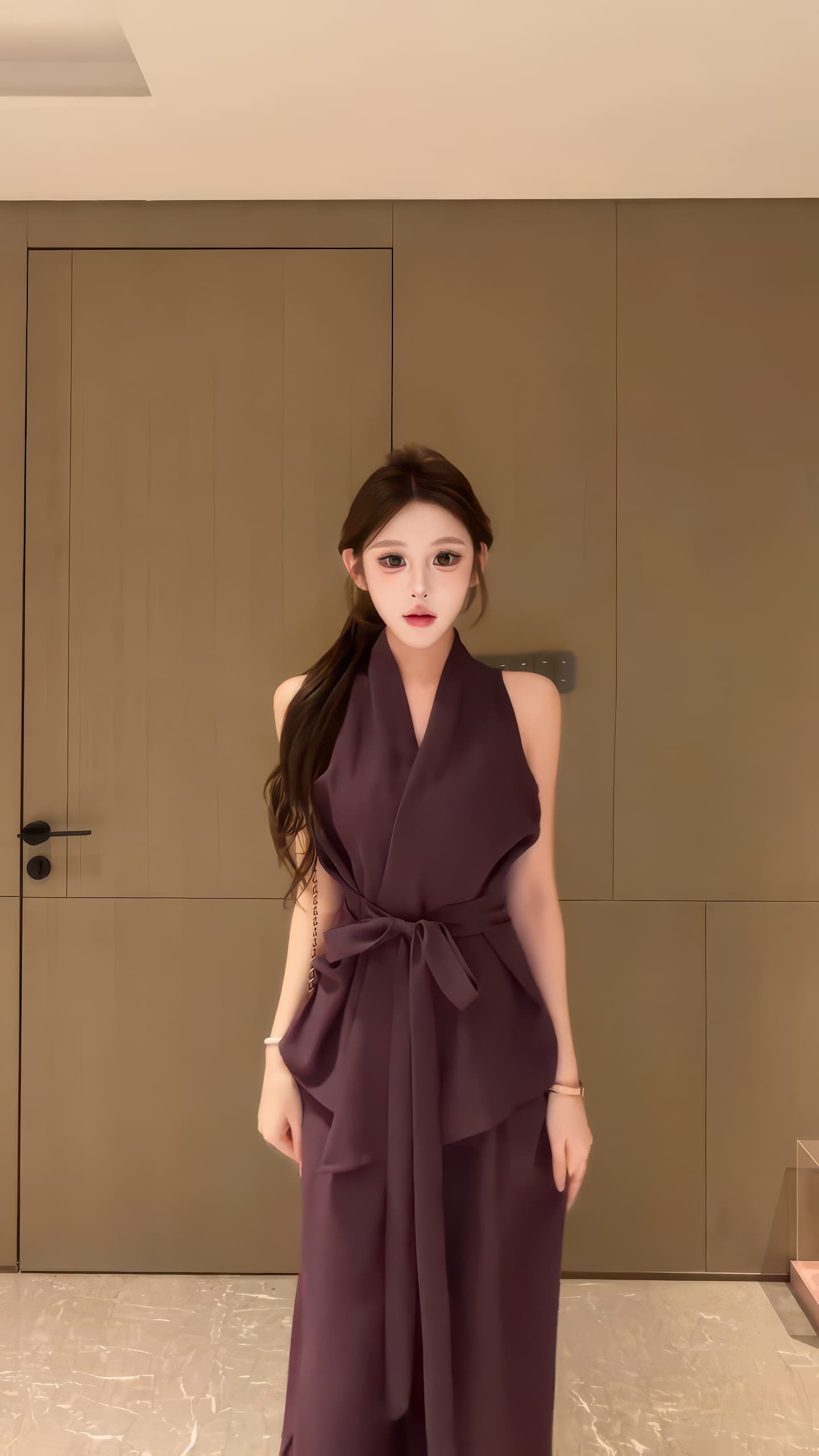 고급 센스 프랑스식 빛 요리 한 바람 품격 V넥 스트랩 허리 수축 민소매 맨위 하이웨이스트 슬림해 보이는 넓은 다리 길이 바지 세트 이미지 2