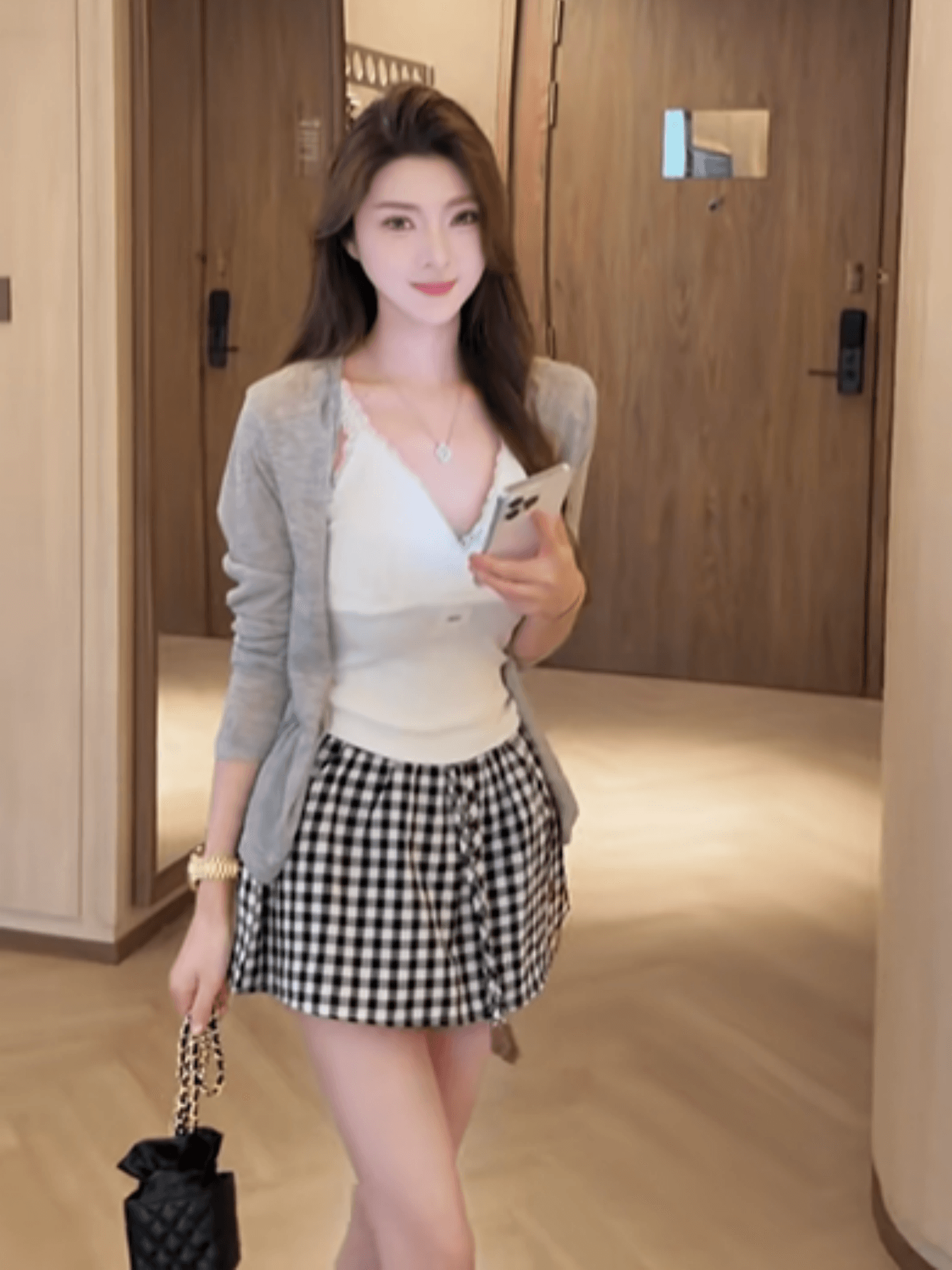한 스타일 작은 대중 순수한 욕망 바람 V넥 슬립 인사이드 가져 가라. 단색 긴팔 오픈 가디건 하이웨이스트 체크무늬 반신 스커트 3종 세트 상세 이미지 1