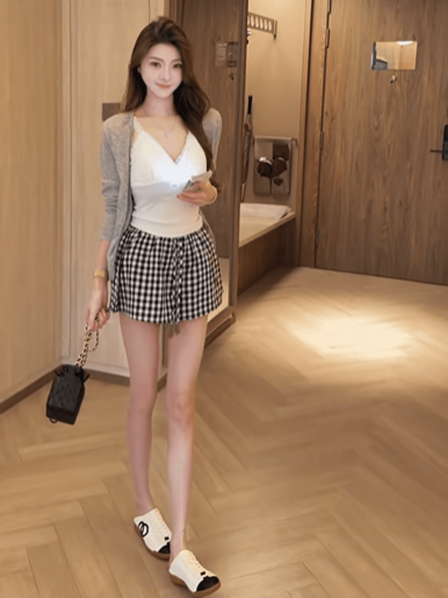 한 스타일 작은 대중 순수한 욕망 바람 V넥 슬립 인사이드 가져 가라. 단색 긴팔 오픈 가디건 하이웨이스트 체크무늬 반신 스커트 3종 세트 상세 이미지 3