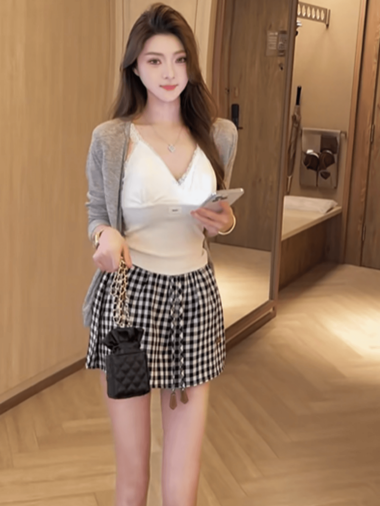 한 스타일 작은 대중 순수한 욕망 바람 V넥 슬립 인사이드 가져 가라. 단색 긴팔 오픈 가디건 하이웨이스트 체크무늬 반신 스커트 3종 세트 상세 이미지 7