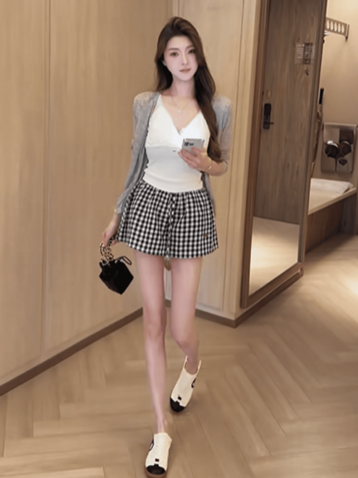 한 스타일 작은 대중 순수한 욕망 바람 V넥 슬립 인사이드 가져 가라. 단색 긴팔 오픈 가디건 하이웨이스트 체크무늬 반신 스커트 3종 세트 상세 이미지 9