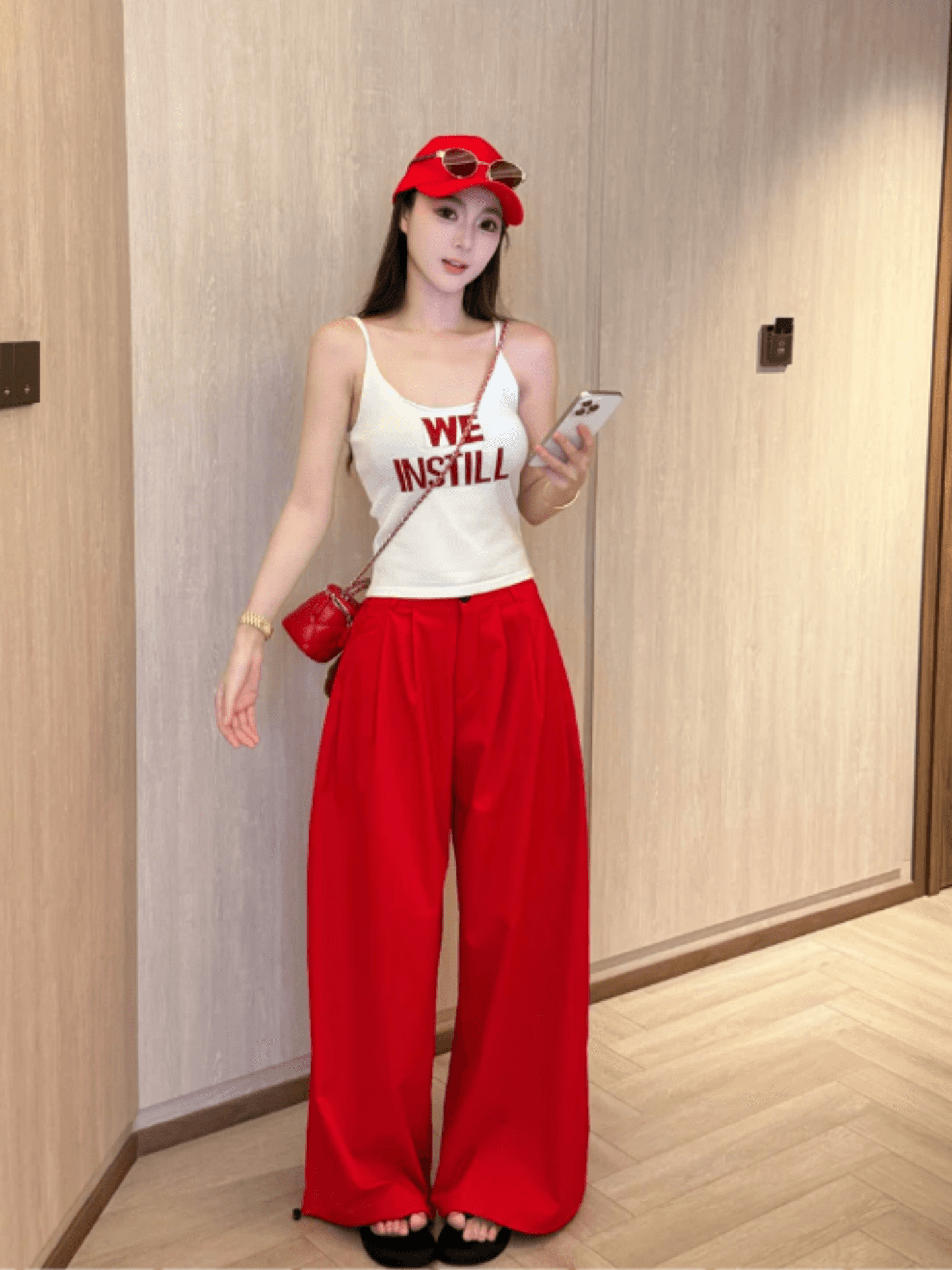 여름 아메리칸 핫걸 바람 몸매 가꾸기 슬림해 보이는 프린트 캐미솔 맨위 하이웨이스트 워크웨어 바람 와이드 레그 팬츠 투피스 세트 이미지 2