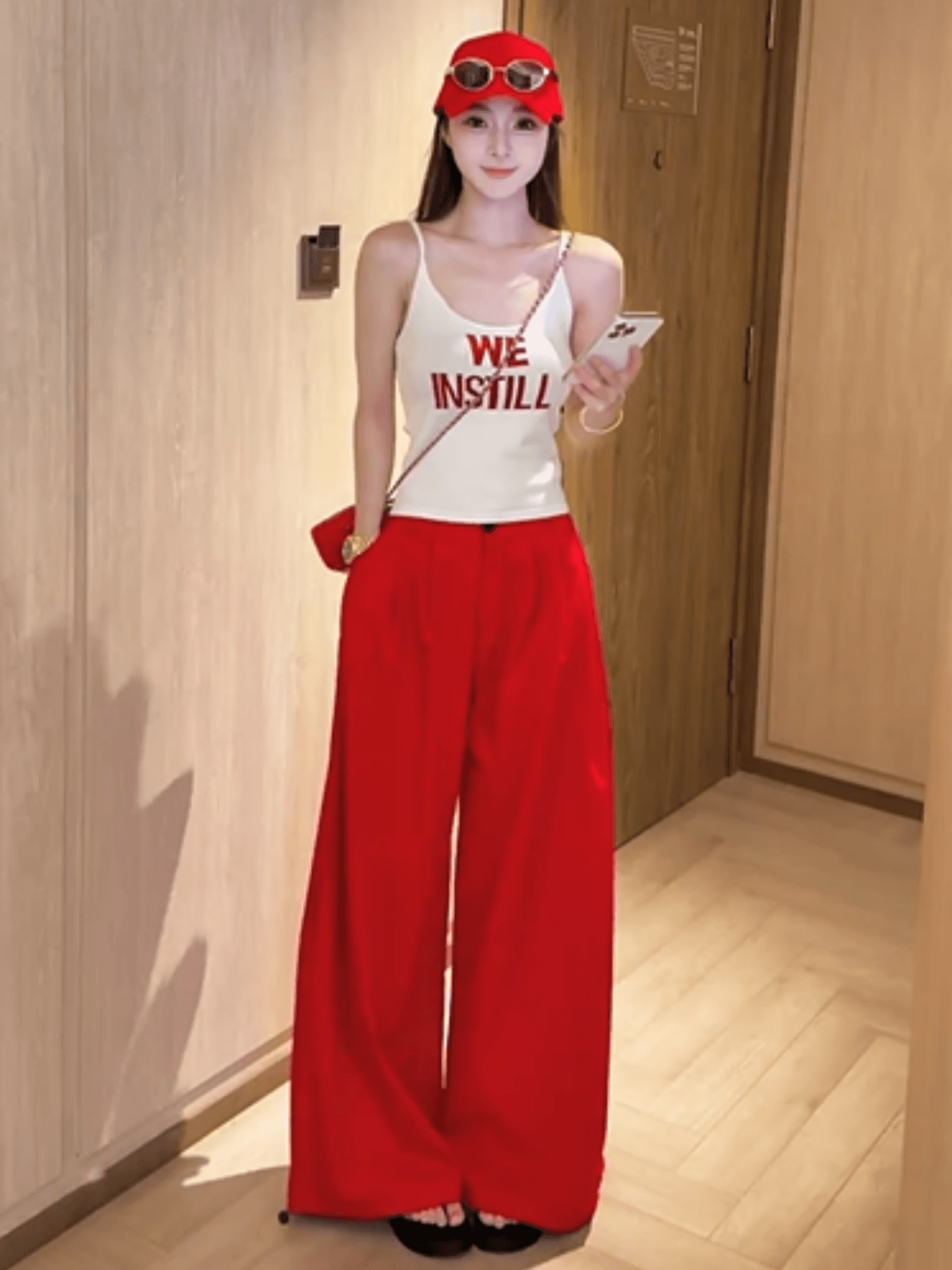여름 아메리칸 핫걸 바람 몸매 가꾸기 슬림해 보이는 프린트 캐미솔 맨위 하이웨이스트 워크웨어 바람 와이드 레그 팬츠 투피스 세트 상세 이미지 7