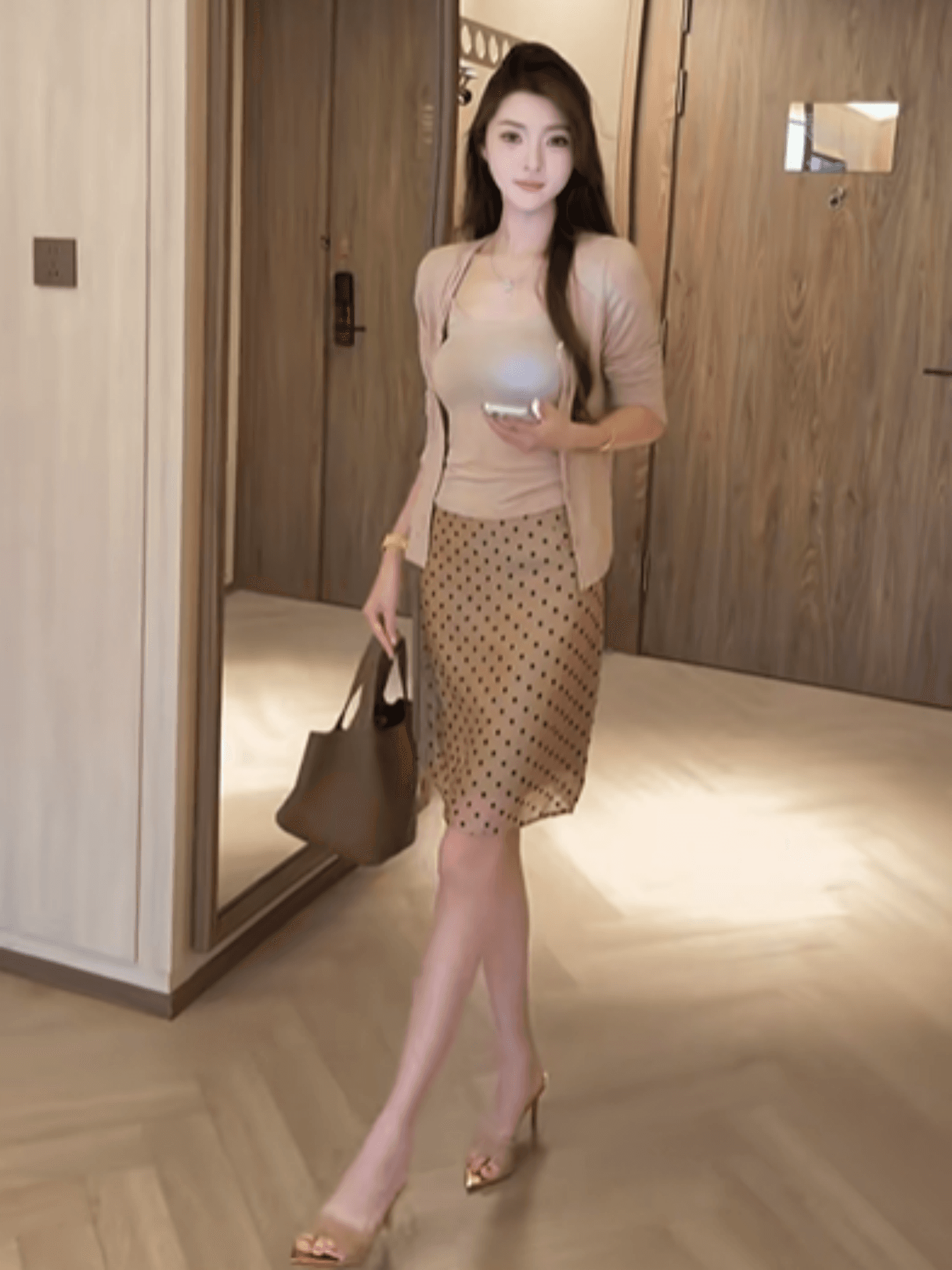 한 스타일 품격 명문 여성 바람 몸매 가꾸기 슬림해 보이는 슬립 인사이드 가져 가라. 단색 다용도 오픈 가디건 도트 무늬 반신 스커트 3종 세트 이미지 2