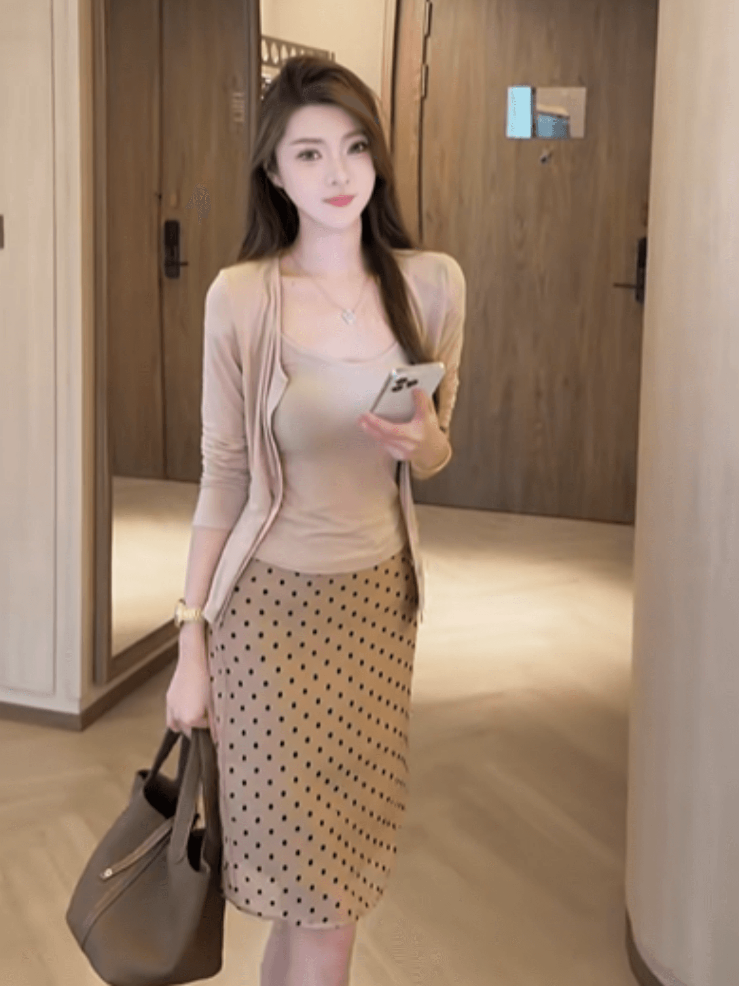 한 스타일 품격 명문 여성 바람 몸매 가꾸기 슬림해 보이는 슬립 인사이드 가져 가라. 단색 다용도 오픈 가디건 도트 무늬 반신 스커트 3종 세트 이미지 4