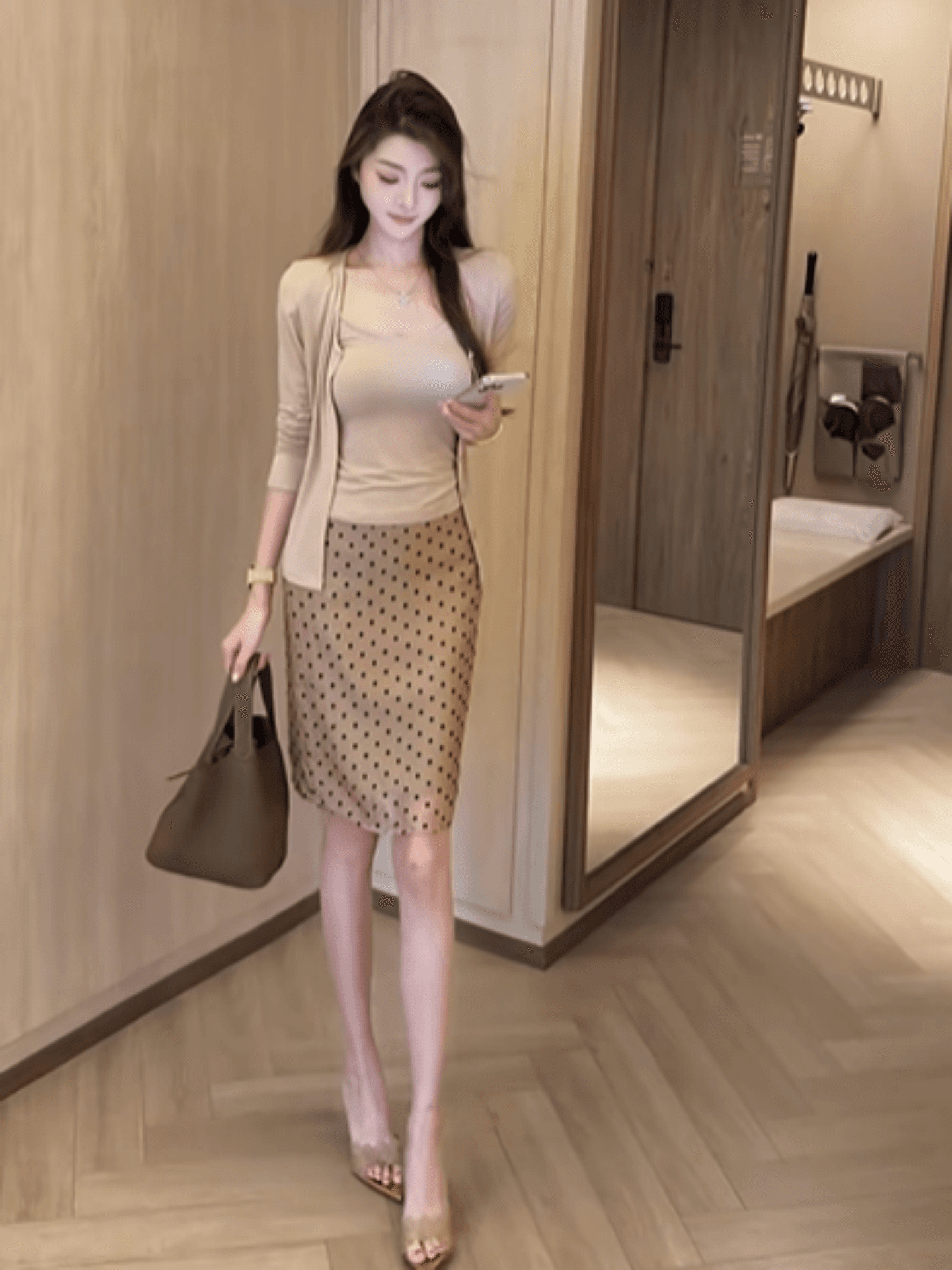 한 스타일 품격 명문 여성 바람 몸매 가꾸기 슬림해 보이는 슬립 인사이드 가져 가라. 단색 다용도 오픈 가디건 도트 무늬 반신 스커트 3종 세트 상세 이미지 2