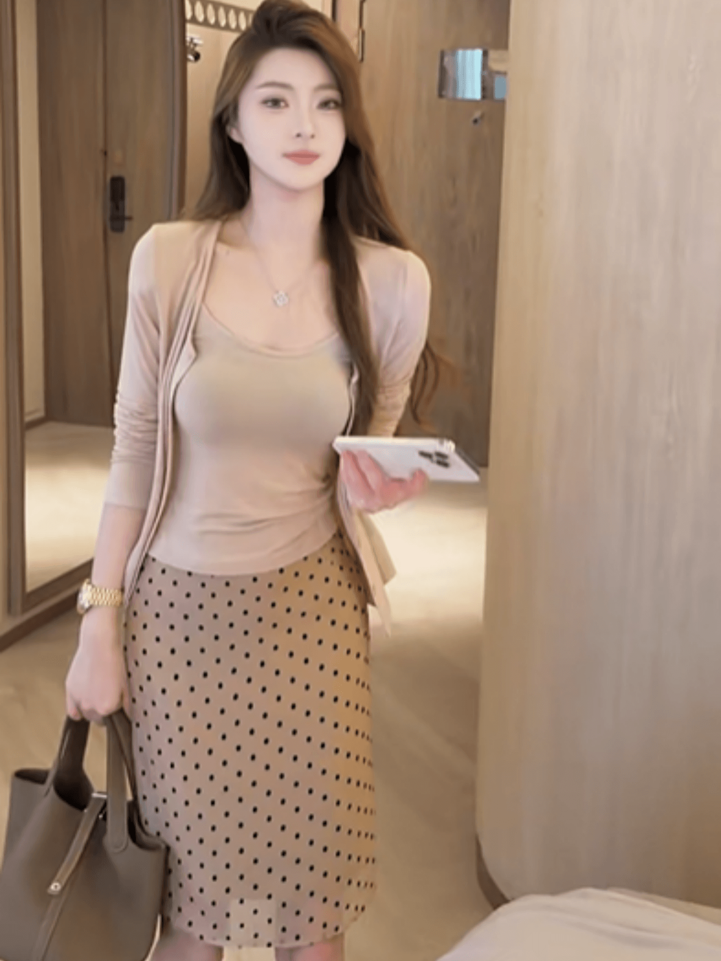 한 스타일 품격 명문 여성 바람 몸매 가꾸기 슬림해 보이는 슬립 인사이드 가져 가라. 단색 다용도 오픈 가디건 도트 무늬 반신 스커트 3종 세트 상세 이미지 4