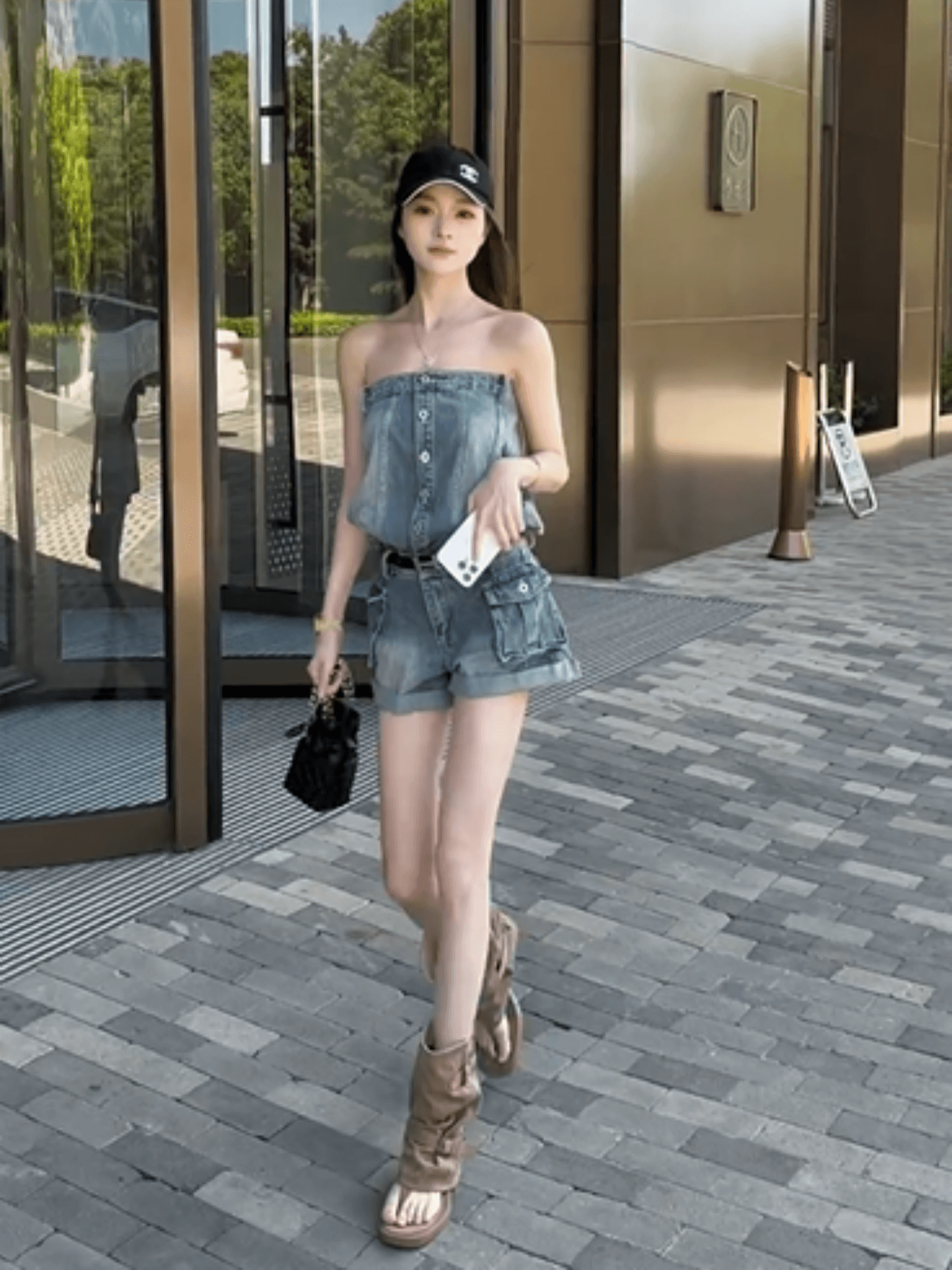 여름 아메리칸 핫걸 바람 디자인 센스 순수한 욕망 레트로 항구 바람 파란색 데님 튜브탑 올인원 바지 원피스 반바지 여성 이미지 3