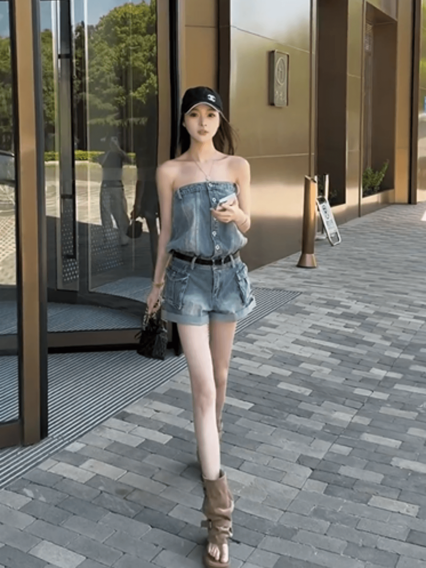 여름 아메리칸 핫걸 바람 디자인 센스 순수한 욕망 레트로 항구 바람 파란색 데님 튜브탑 올인원 바지 원피스 반바지 여성 상세 이미지 5