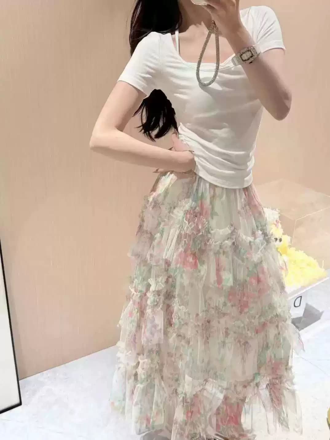 26 슈퍼 화재 ootd 착용 가져 가라. 부드러운 바람 망사 꽃무늬 퍼프 반신 스커트 미니멀리즘 니트 반팔 두 조각 여성 세트 상세 이미지 2