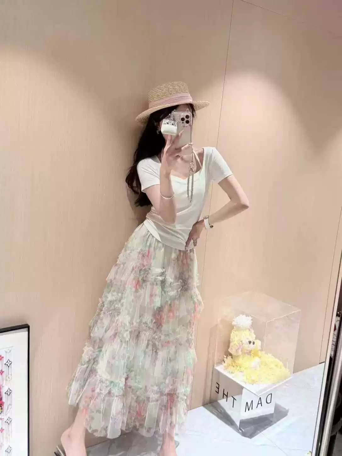 26 슈퍼 화재 ootd 착용 가져 가라. 부드러운 바람 망사 꽃무늬 퍼프 반신 스커트 미니멀리즘 니트 반팔 두 조각 여성 세트 상세 이미지 6