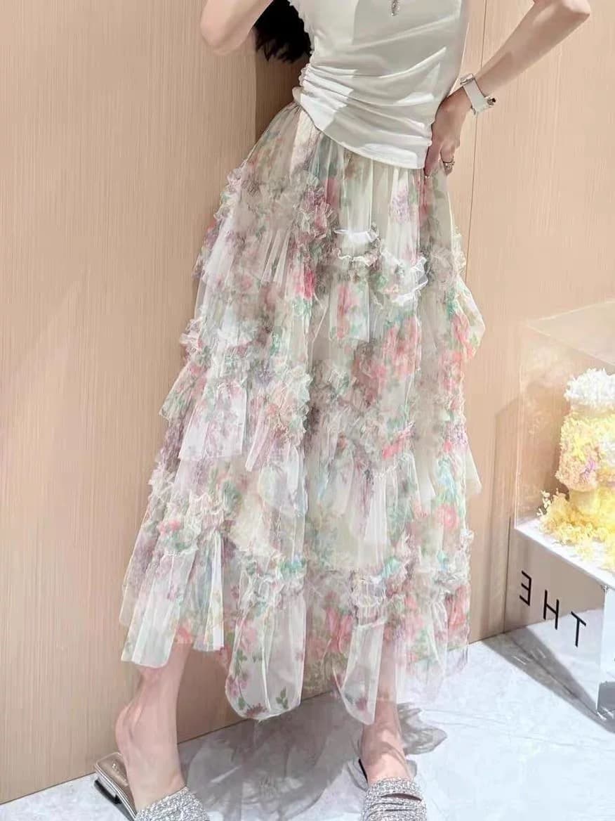 26 슈퍼 화재 ootd 착용 가져 가라. 부드러운 바람 망사 꽃무늬 퍼프 반신 스커트 미니멀리즘 니트 반팔 두 조각 여성 세트 상세 이미지 8