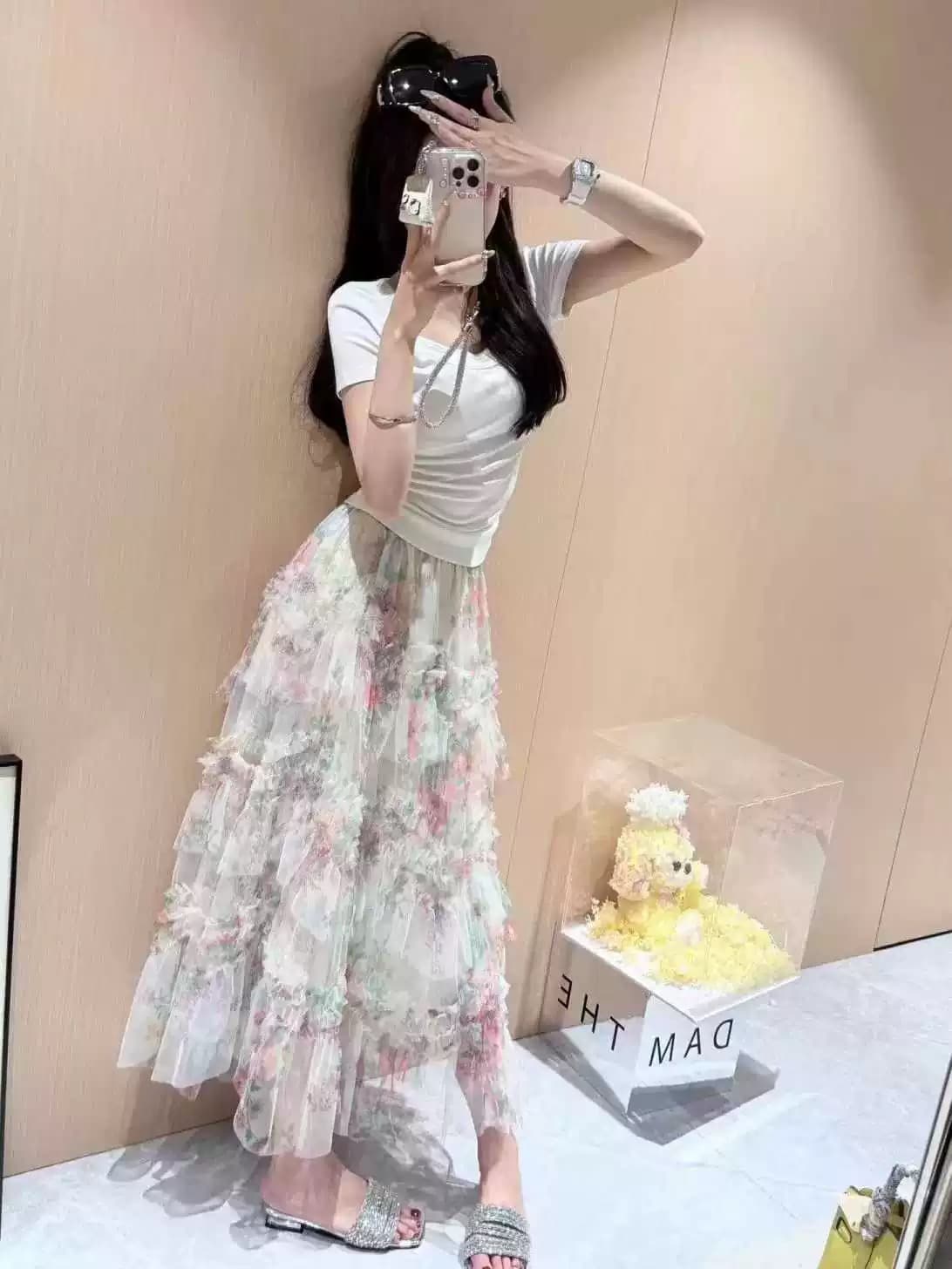 26 슈퍼 화재 ootd 착용 가져 가라. 부드러운 바람 망사 꽃무늬 퍼프 반신 스커트 미니멀리즘 니트 반팔 두 조각 여성 세트 상세 이미지 9