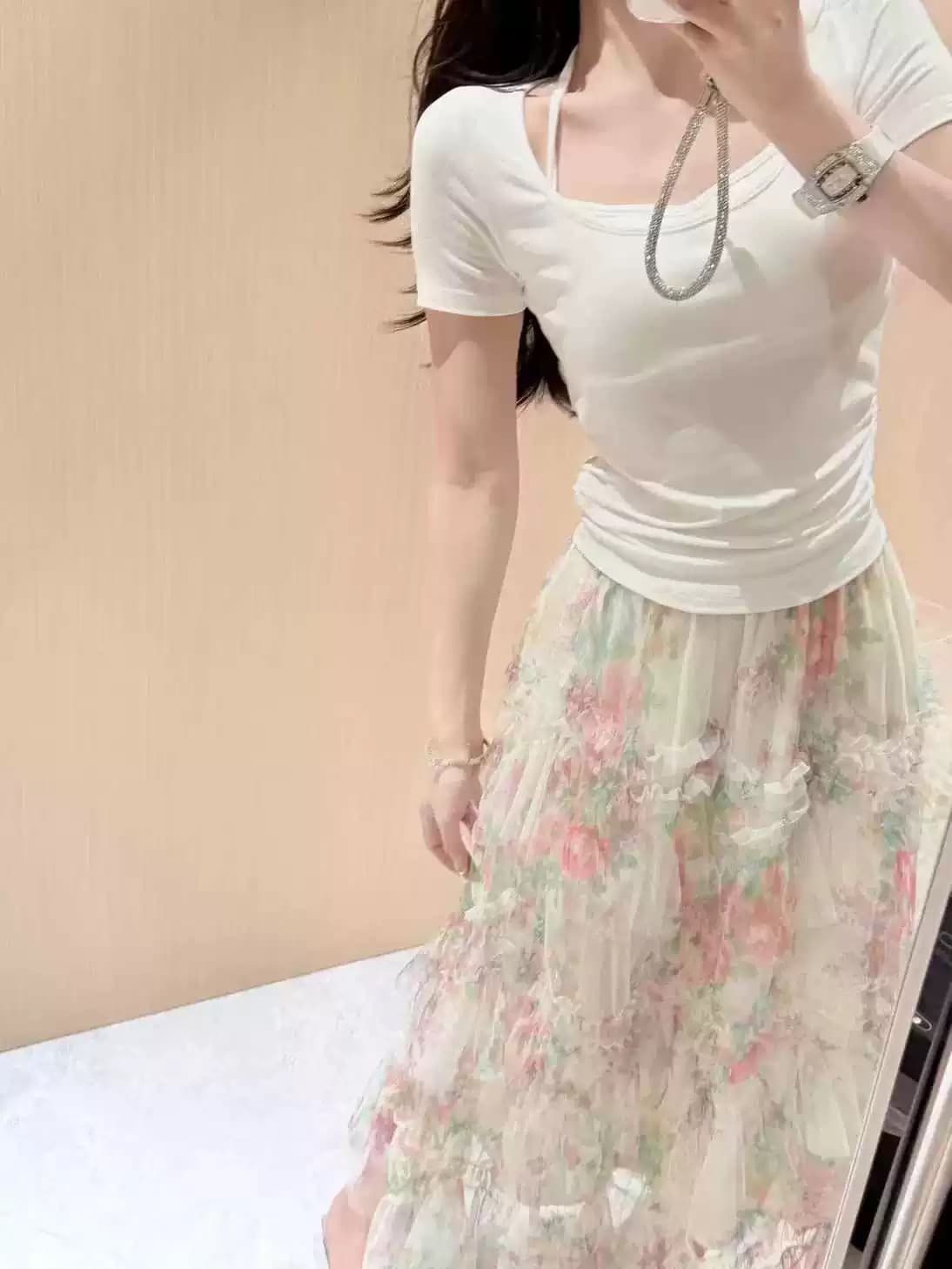 26 슈퍼 화재 ootd 착용 가져 가라. 부드러운 바람 망사 꽃무늬 퍼프 반신 스커트 미니멀리즘 니트 반팔 두 조각 여성 세트 상세 이미지 10