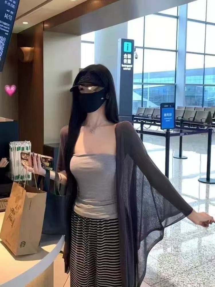 여름 새로운 패션 루즈핏 슬림해 보이는 조끼 허리밴드 스트라이프 와이드 레그 팬츠 얇은 스타일 태양 보호 셔츠 3종 세트 이미지 3