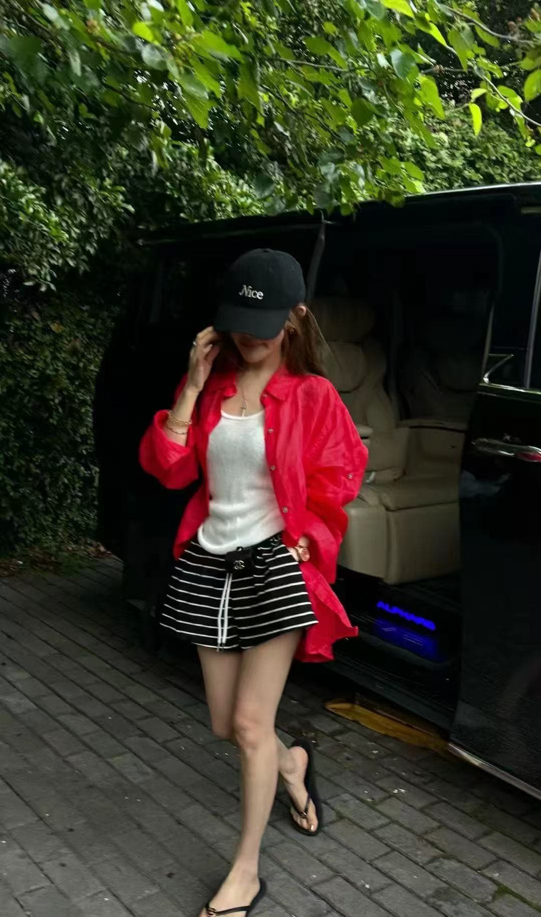 새로운 패션 느긋한 바람 일상 휴가 조끼 셔츠 자외선 차단 의류 허리밴드 스트라이프 반바지 세트 이미지 4