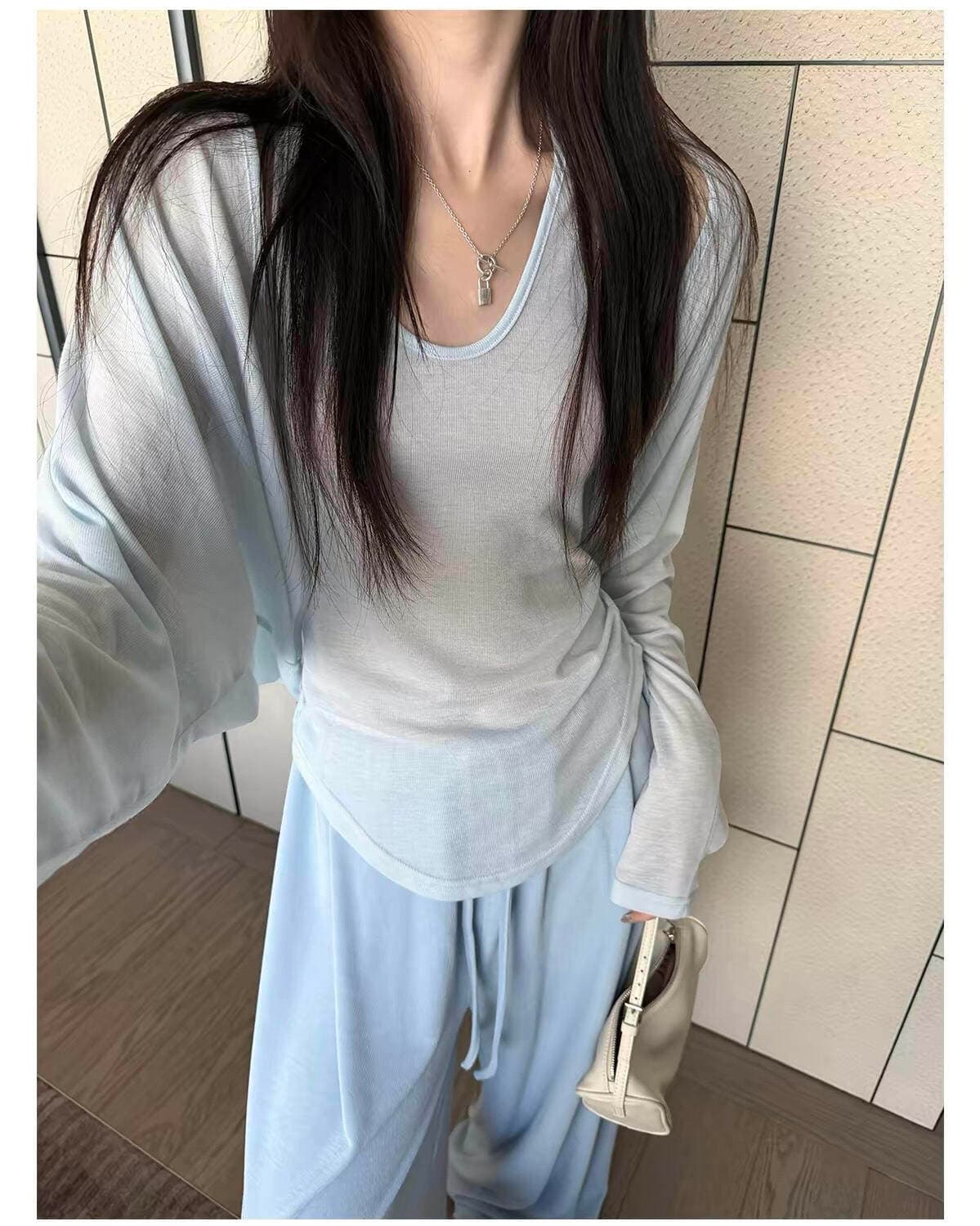 나만의 것을 가져와 라. 아름다움 분위기 ~ 중 느슨함 센스 조끼 오픈 가디건 와이드 레그 팬츠 같은 색깔 3종 세트 여름 여성 트렌디 상세 이미지 9