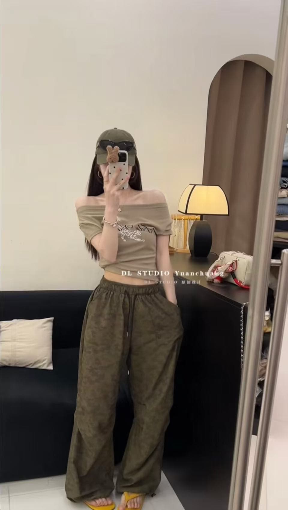 아메리칸 넓은 다리 카모플라주 바지 허리밴드 워시 물 순면 느긋한 프로필 모양 카모플라주 바지 털 서클 루즈핏 긴 바지 한 단어 t 이미지 2