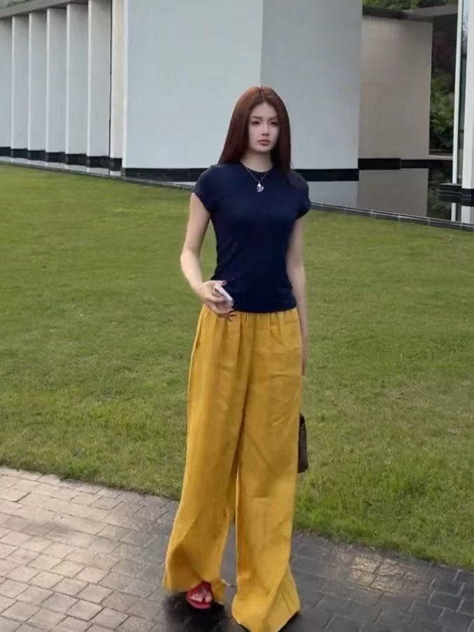 새로운 레트로 느긋한 오래된 돈 바람 고급 센스 몸매 가꾸기 맨위 허리밴드 아시아 인 면 린넨 와이드 레그 팬츠 세트 상세 이미지 10