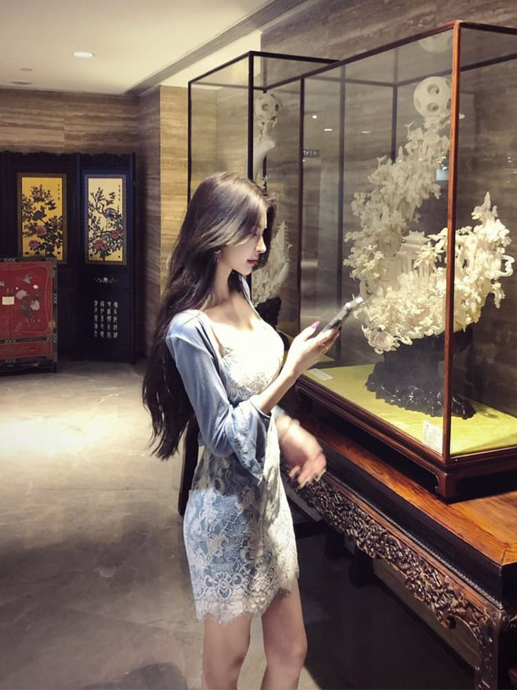 순수한 욕망 바람 쇼트 스타일 나팔 소매 오픈 가디건 이른 가을 섹시함 몸매 가꾸기 레이스 슬립 드레스 투피스 세트 이미지 3