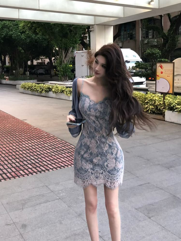순수한 욕망 바람 쇼트 스타일 나팔 소매 오픈 가디건 이른 가을 섹시함 몸매 가꾸기 레이스 슬립 드레스 투피스 세트 상세 이미지 7